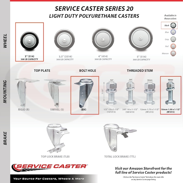 3 Inch Black Polyurethane Wheel Swivel 10mm Threaded Stem Caster Set SCC